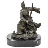KAMIKO; a small bronze sculpture of a Samurai warrior mounted on an oval marble plinth, height 19cm,