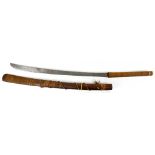 An early 20th century Chinese sword with bamboo handle finely lathed with braided thread in split