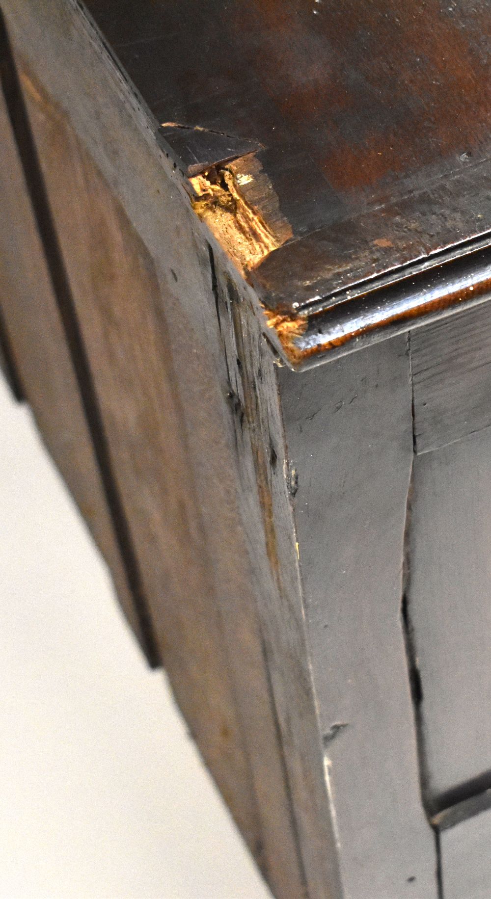 An early 19th century oak mule chest, lift-up top above six faux doors, - Image 3 of 7