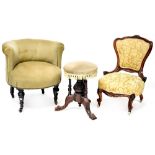 A Victorian mahogany framed nursing chair with gold damask leaf decorated upholstery,