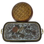 A late 19th century German beadwork tray in black lacquered frame and gilt brass handles,