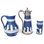 A Wedgwood blue jasperware claret jug with silver plated mounts, height 26.