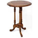 A reproduction circular inlaid burr walnut occasional table with central rectangular panel to the