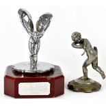 ROLLS ROYCE; a Spirit of Ecstasy car mascot later mounted on wooden base with plaque to front,