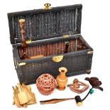 A collectors' lot comprising glove stretchers, carpet beater, woven items,