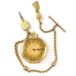 A ladies' 18ct gold fob watch, the dial set with Arabic numerals on an engine turned ground,