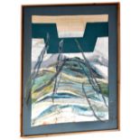 20TH CENTURY ENGLISH SCHOOL; mixed media fabrics, abstract of stitched lengths of fabric in blue,