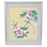 An early 20th century gouache on silk of exotic birds in floral setting, signed lower right,