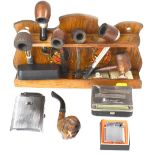 Various smoking collectibles to include an oak pipe rack with an applied decal of a huntsman and