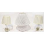 A retro Italian style one-piece opaque white glass lamp and shade with frosted and opaque wrythen