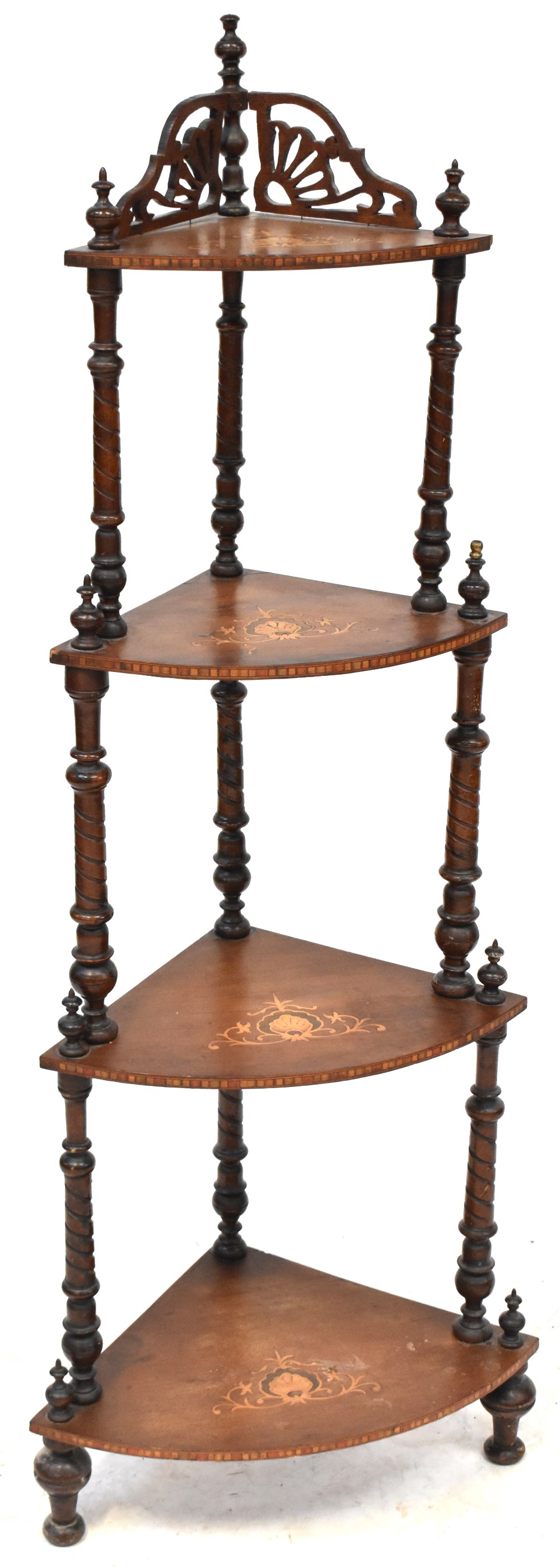 A 19th century inlaid mahogany four-tier whatnot, fan and shell carved top with urn finials,