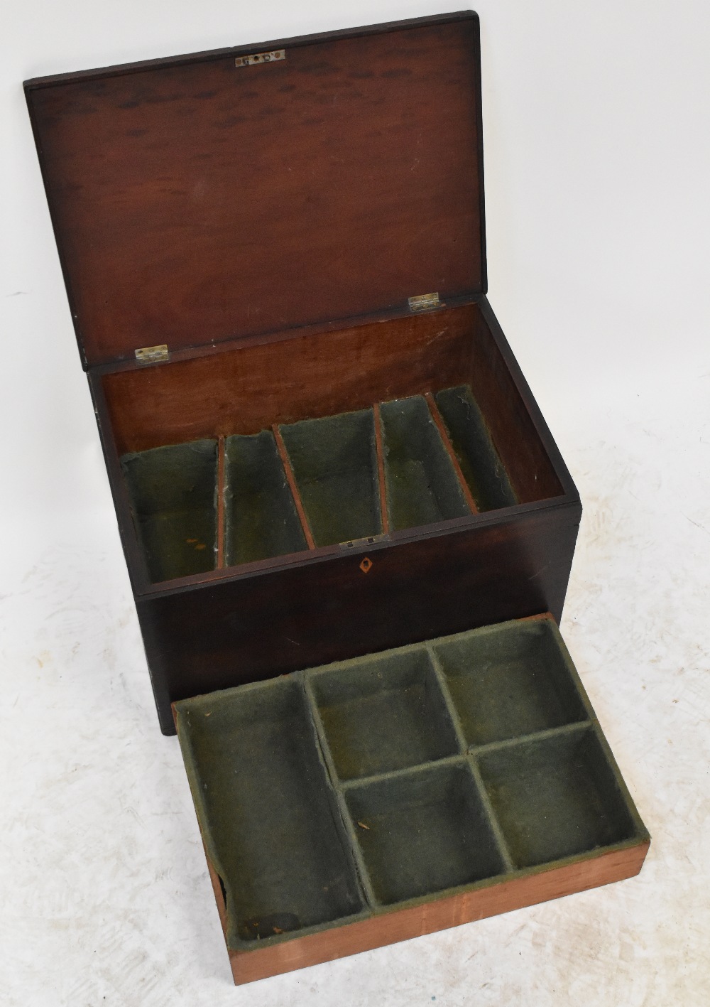 A 19th century stained pine campaign-style wine bottle travel case with hinged lid, - Image 2 of 3