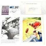 MOTOR RACING; a group of signed ephemera including a torn page from a book signed by James Hunt,