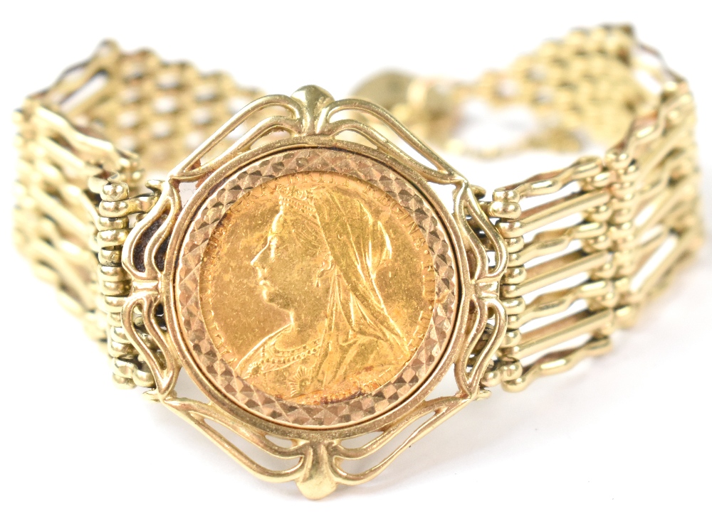 A 19th century 9ct gold seven bar gate bracelet with a Queen Victoria 1899 sovereign in 9ct gold