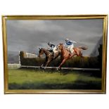 L JOHN MORRIS (British 20th Century); oil on canvas, a horse racing scene of two jumping a hedge,