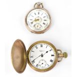 A gold plated crown wind full hunter pocket watch by Waltham,