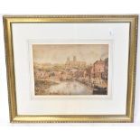 19TH CENTURY CONTINENTAL SCHOOL; watercolour, harbour scene with cathedral on a hill,