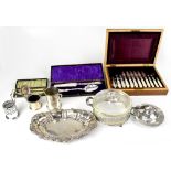 Silver plated ware to include a cased set of fruit knives and forks with mother of pearl effect