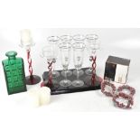 A quantity of glassware to include a green glass decanter (lacking stopper), etc.