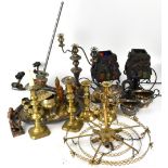 A mixed lot of metalware to include ceiling lights, plated trays, table lights, goblets, bells,