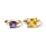 Two modern 9ct gold fashion rings, one with a square cut citrine on basket mount,