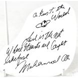 MUHAMMAD ALI; a cut shaped piece of paper bearing his signature with inscription and doodle.