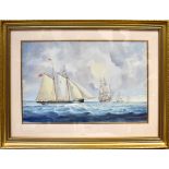 A small group of maritime watercolours comprising a watercolour of ships on choppy seas,