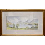 DOCTOR KEITH JOHNSON; watercolour of Welsh mountain scene with lake in the foreground, 24 x 53cm,