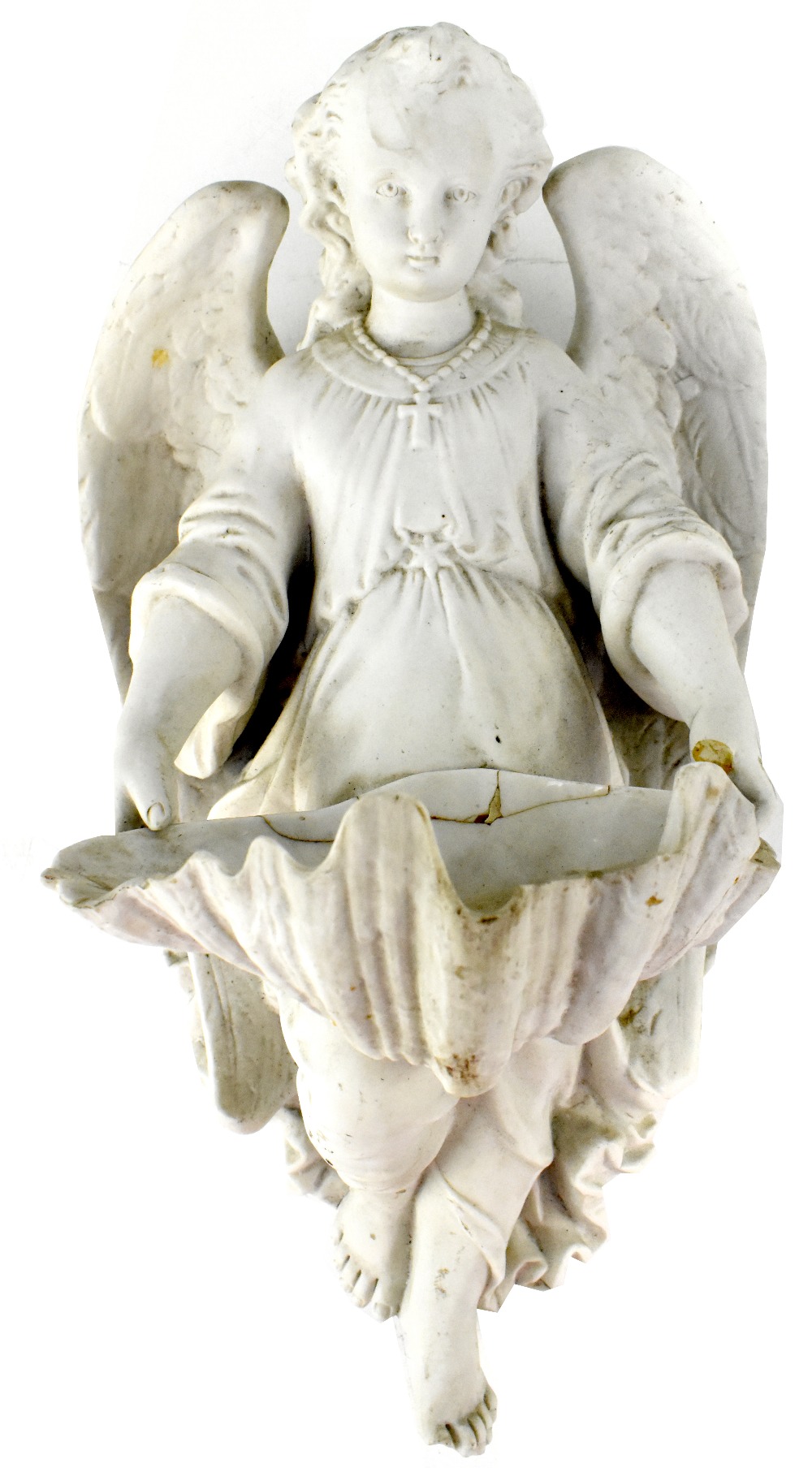 A late Victorian Parian ware wall mounted sconce/stoup, cherub holding a shell, height 36cm (af).