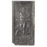 An embossed metal plaque of Zeus standing on a rocky outcrop with Hades behind,