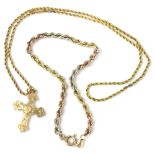 A 9ct gold cross pendant on a yellow metal rope twist necklace, length 38cm,