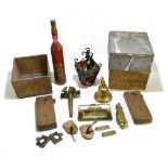 A collection of metalware and vintage items including a wrought iron porch lantern with coloured