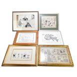 A group of six cartoon sketches and prints, including an example by Heath and titled 'Smoke