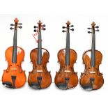 STENTOR; four 3/4 size modern violin outfits, comprising violin, bow and case (4).