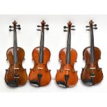 STENTOR; four 1/4 size modern violin outfits, comprising violin, bow and case (4).