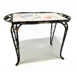 A 1970s iron framed coffee table set with six ceramic Vallauris tiles, height 39cm, length 60cm,