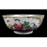 An 18th century Chinese Export Famille Rose footed bowl painted in enamels with figures in landscape