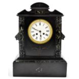 A 19th century black slate eight day mantel clock, the enamel dial with Roman numerals and