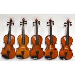 STENTOR; five 1/4 size modern violin outfits, comprising violin, bow and case (5).