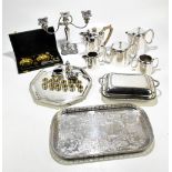 A quantity of assorted silver plate including entrée dish, hot water pot, candelabrum, etc.