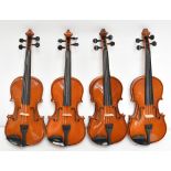 STENTOR; four 1/4 size modern violin outfits, comprising violin, bow and case (4).