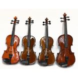 STENTOR; four 1/4 size modern violin outfits comprising of violin, bow and case (4).