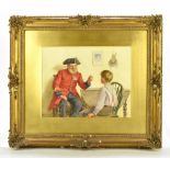 H J M EVANS; watercolour, a seated Chelsea Pensioner with clay pipe in conversation with a young