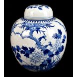 A late 19th century Chinese blue and white porcelain ginger jar and cover painted with exotic