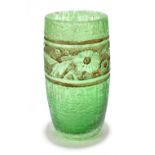 DAUM NANCY; an Art Deco green etched and frosted glass vase, the single band of floral decoration