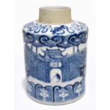 A late 19th century Kangxi style blue and white tea canister, decorated throughout with an