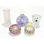 ISLE OF WIGHT GLASS; five pieces of contemporary glassware including a circular perfume bottle and