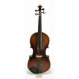 A full-size German violin, unlabelled, the one-piece back, length 36.2cm, with bow and Edward