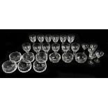 A set of six Dartington glass finger bowls, a set of three web examples, two sets of six glasses and