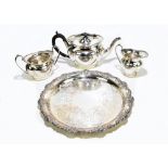 A silver plated three piece tea service with cast Art Nouveau style decoration, and associated